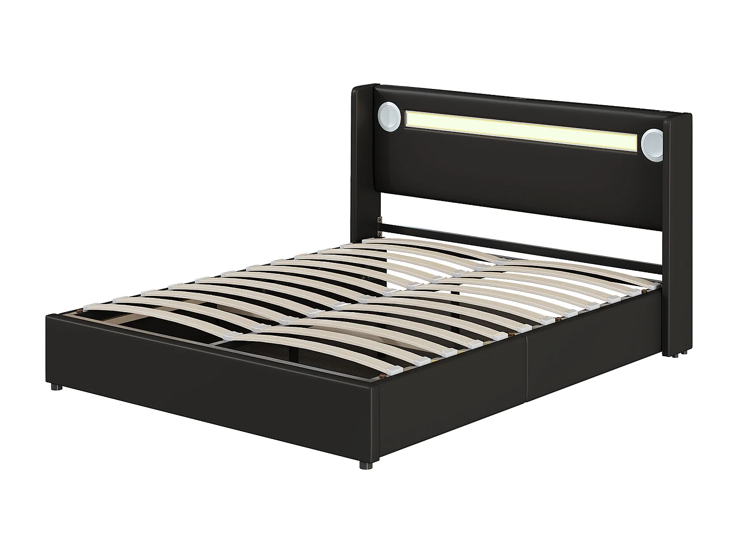 Gestoffeerd kunstleer opbergbed 160x200cm met LED, Bluetooth speler en USB oplaadpoorten - met lattenbodem - Zwart