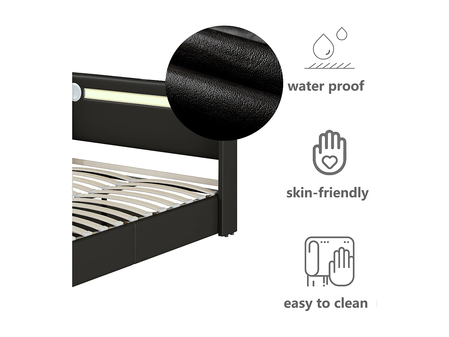 Gestoffeerd kunstleer opbergbed 160x200cm met LED, Bluetooth speler en USB oplaadpoorten - met lattenbodem - Zwart