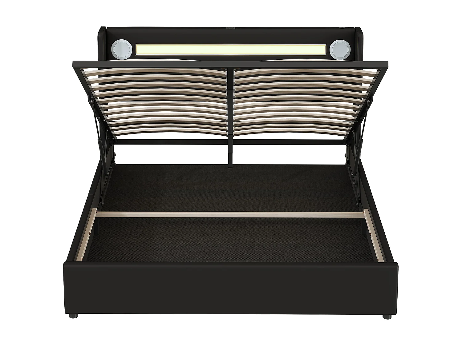 Gepolstertes Stauraumbett aus Kunstleder, 160 x 200 cm, mit LED, Bluetooth-Player und USB-Ladeanschlüssen – mit Lattenrost – Schwarz
