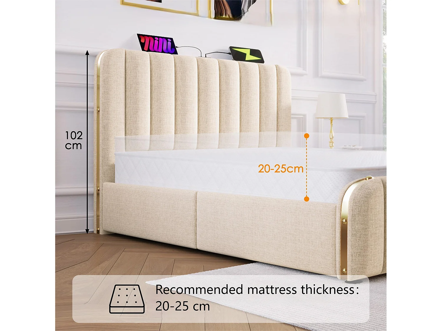 Lit coffre 180x200cm en tissu lin - avec recharge USB & Type-C - décoré de bandes dorées - Beige