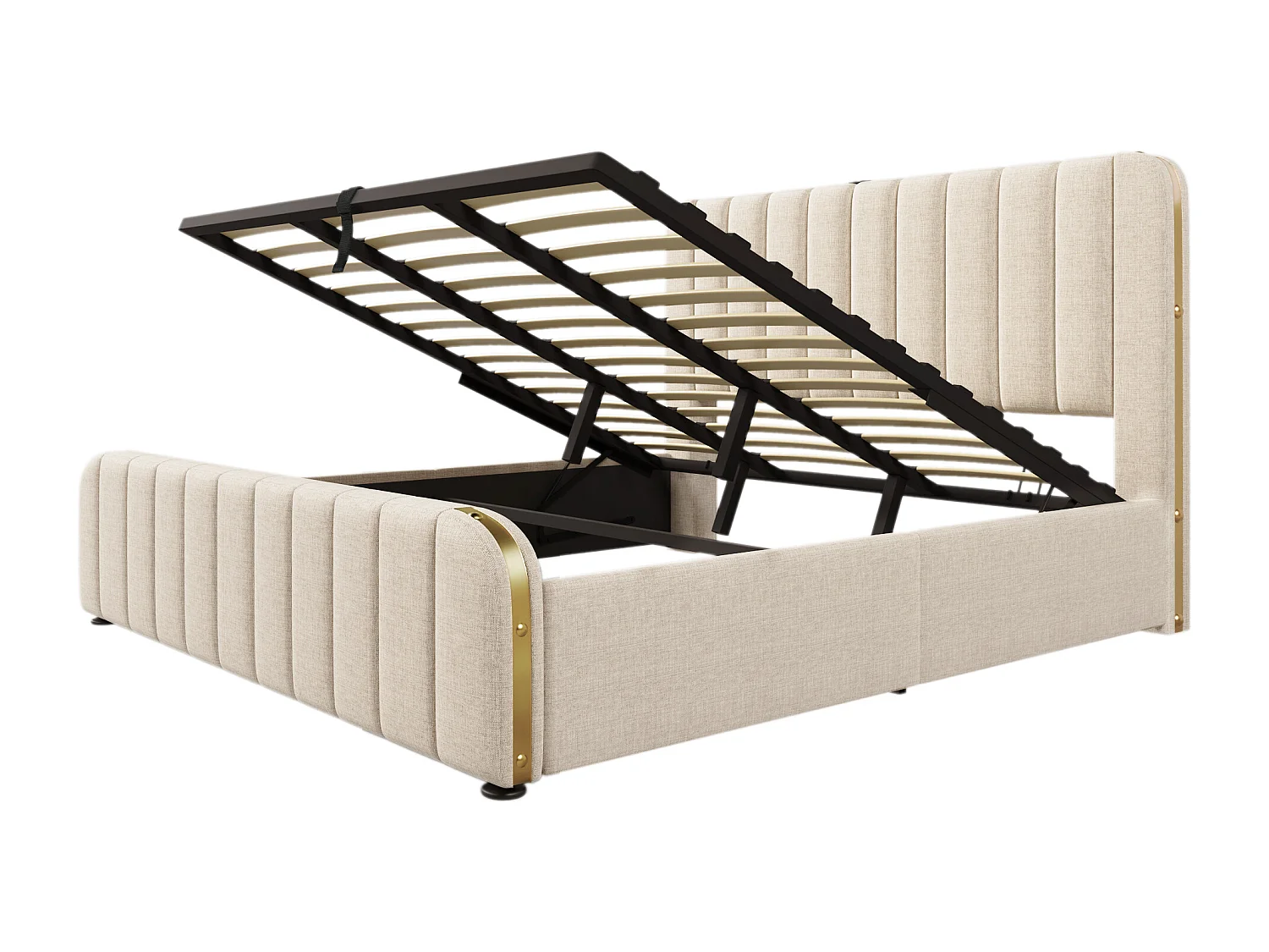 Lit coffre 180x200cm en tissu lin - avec recharge USB & Type-C - décoré de bandes dorées - Beige