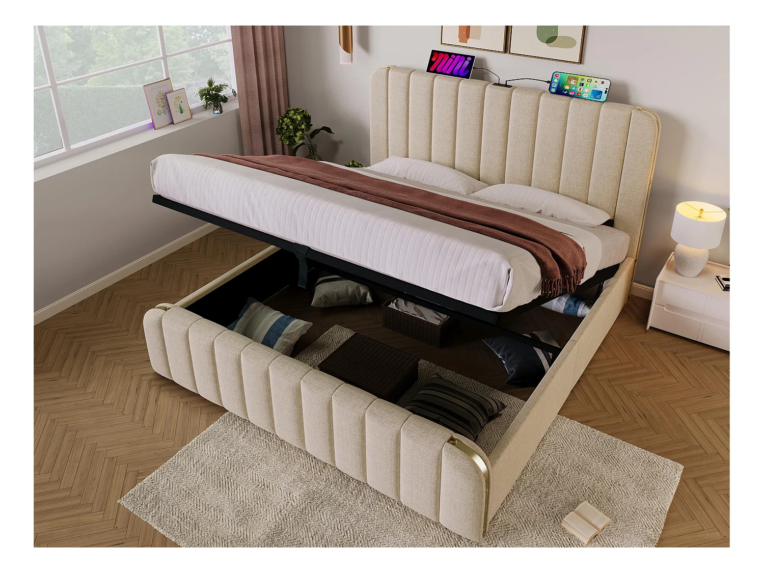 Opbergbed 180x200cm in linnenstof - met USB & Type-C opladen - versierd met gouden strepen - Beige