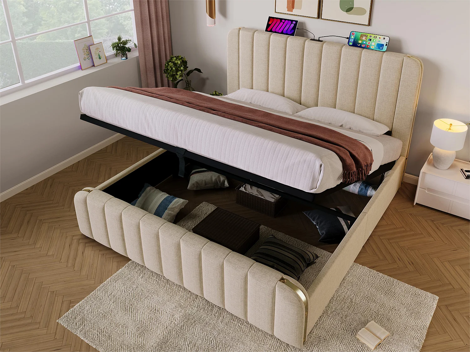 Lit coffre 180x200cm en tissu lin - avec recharge USB & Type-C - décoré de bandes dorées - Beige