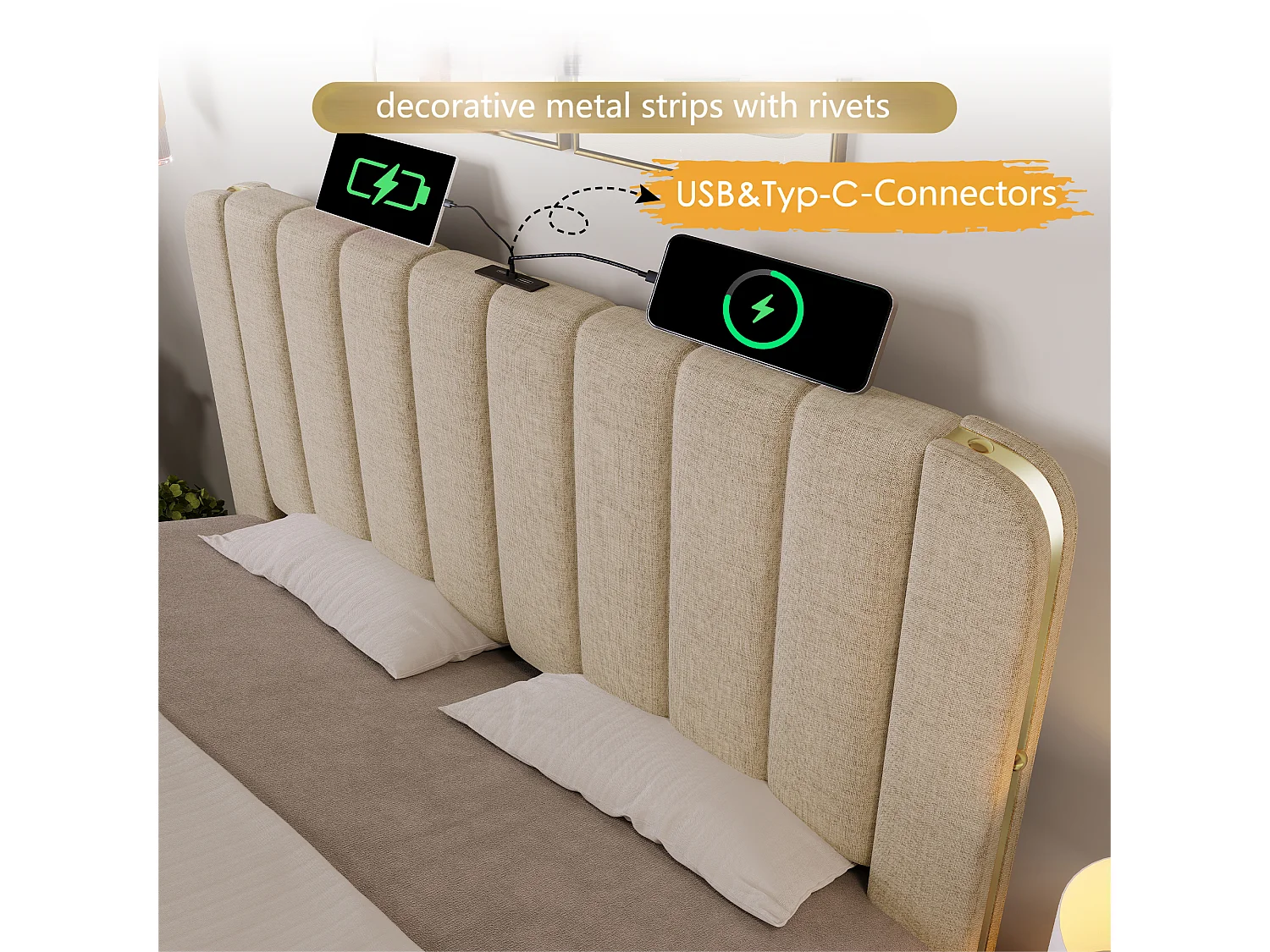 Lit coffre 180x200cm en tissu lin - avec recharge USB & Type-C - décoré de bandes dorées - Beige