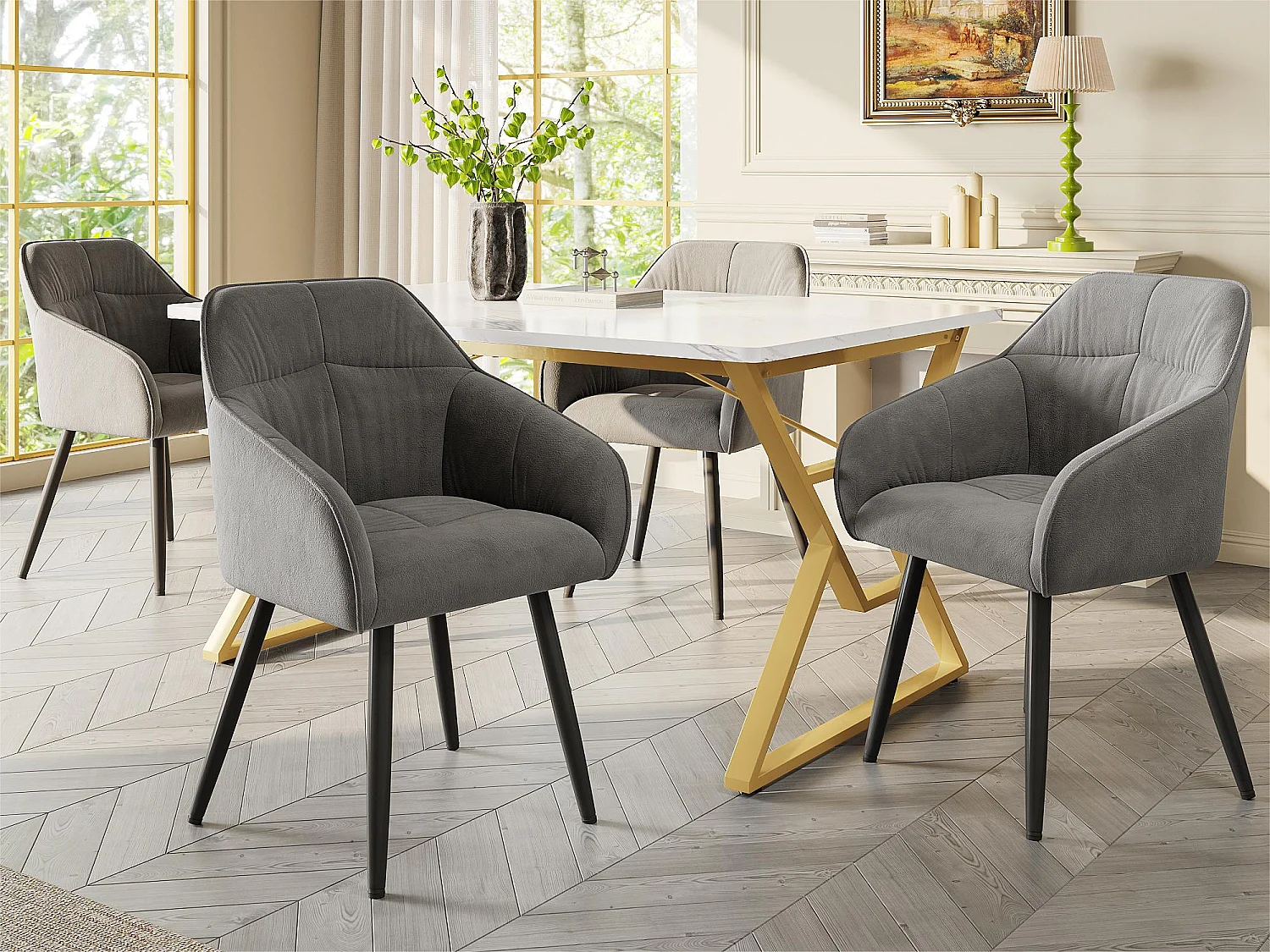 Mesa de jantar moderna – tampo com estampa de mármore – estrutura de metal exclusiva – Branco e Dourado