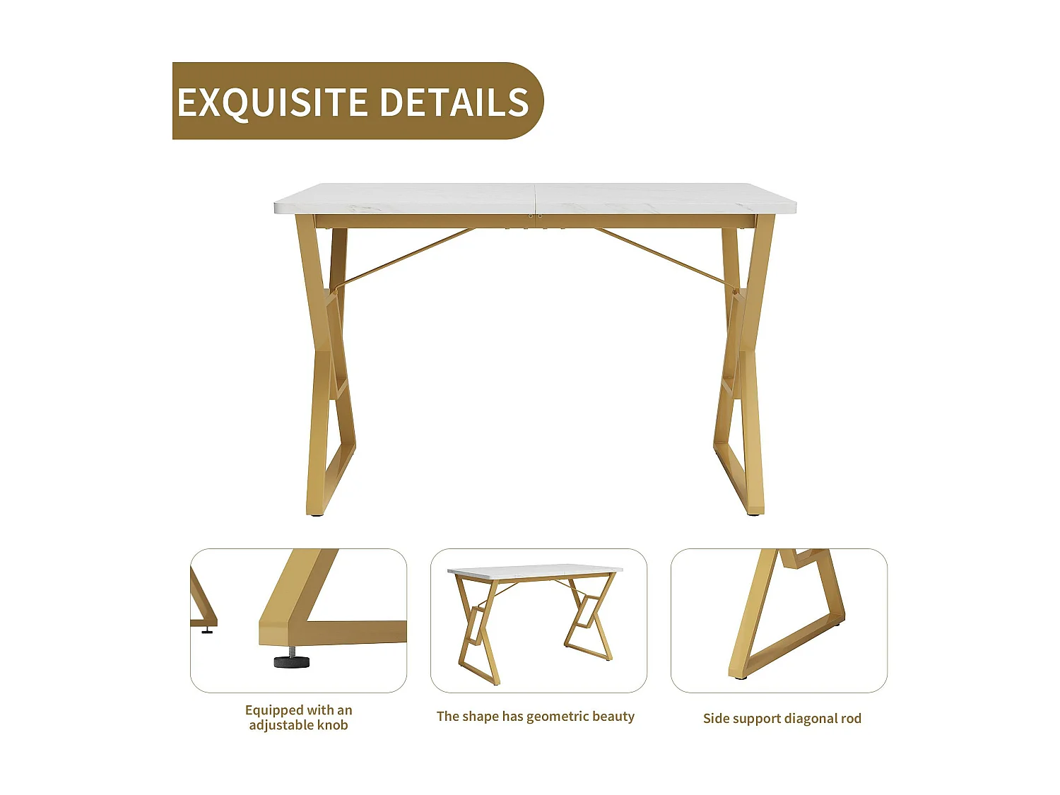 Mesa de jantar moderna – tampo com estampa de mármore – estrutura de metal exclusiva – Branco e Dourado