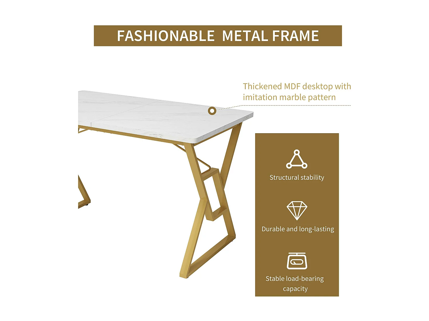Mesa de jantar moderna – tampo com estampa de mármore – estrutura de metal exclusiva – Branco e Dourado