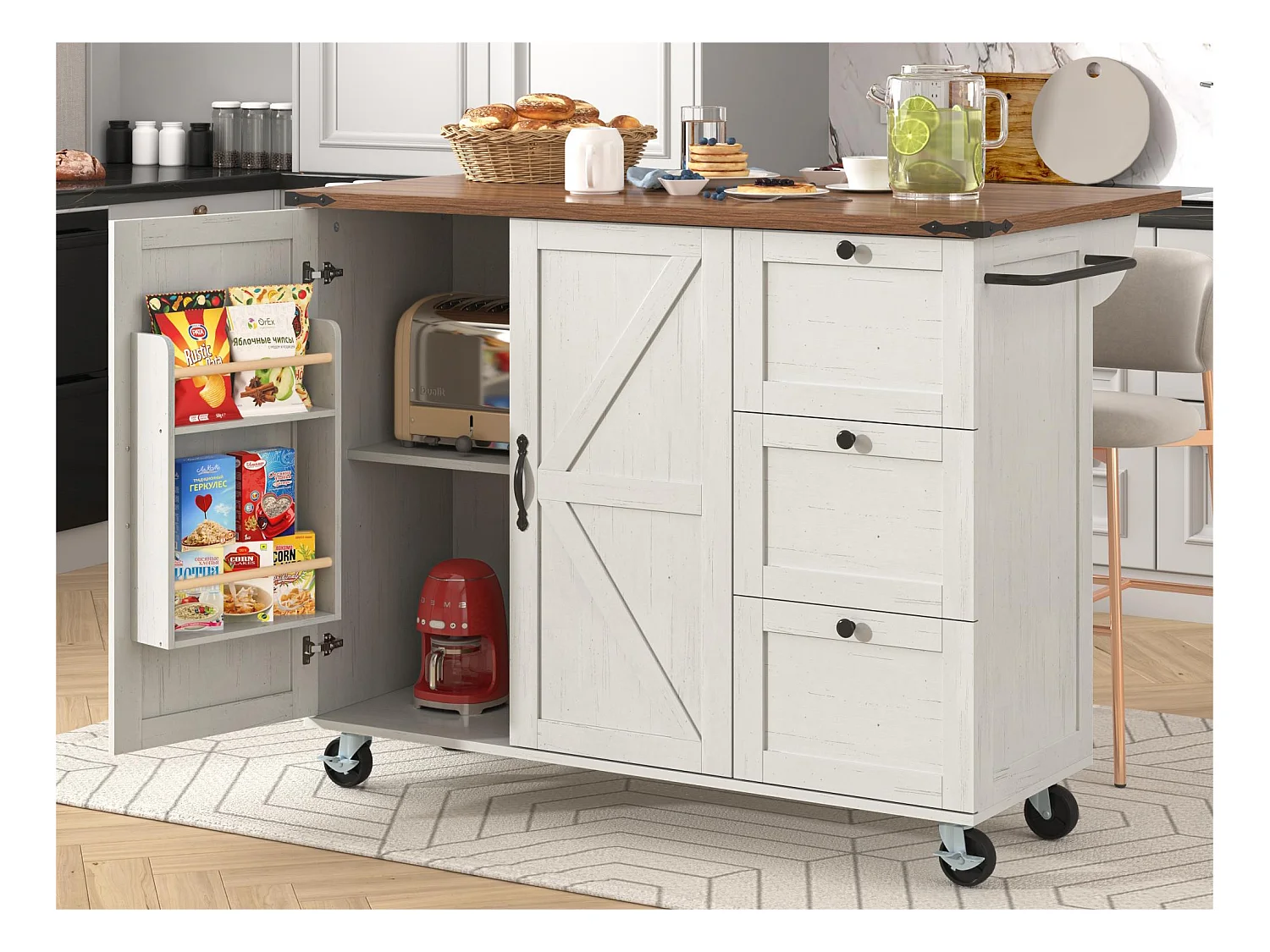 Ilot central de cuisine - avec plateau escamotable - 2 portes et 3 tiroirs - Beige
