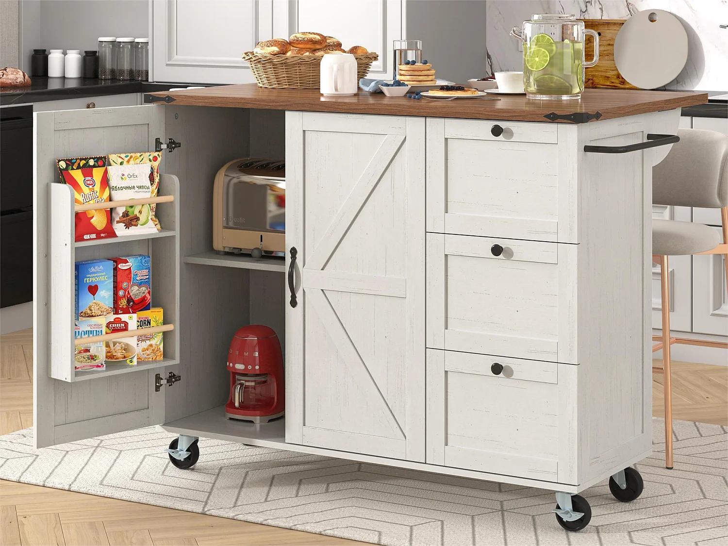 Ilot central de cuisine - avec plateau escamotable - 2 portes et 3 tiroirs - Beige