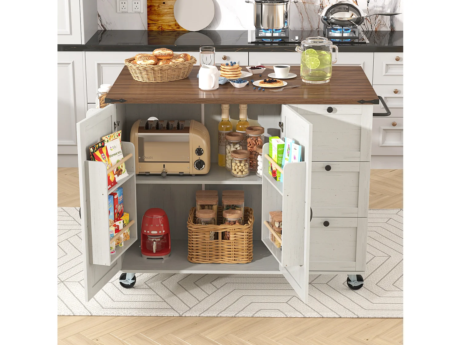 Ilot central de cuisine - avec plateau escamotable - 2 portes et 3 tiroirs - Beige