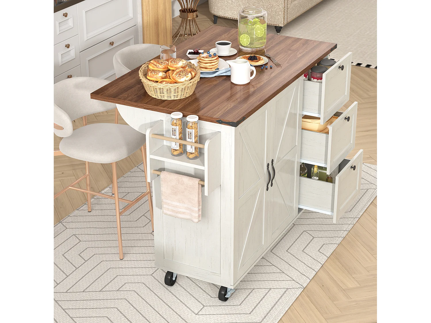 Ilot central de cuisine - avec plateau escamotable - 2 portes et 3 tiroirs - Beige