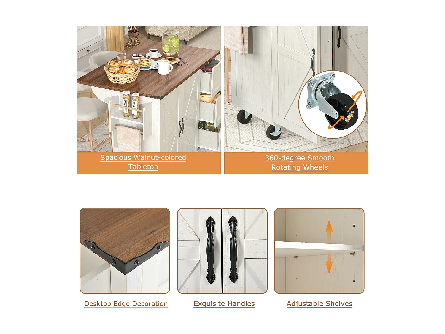 Ilot central de cuisine - avec plateau escamotable - 2 portes et 3 tiroirs - Beige