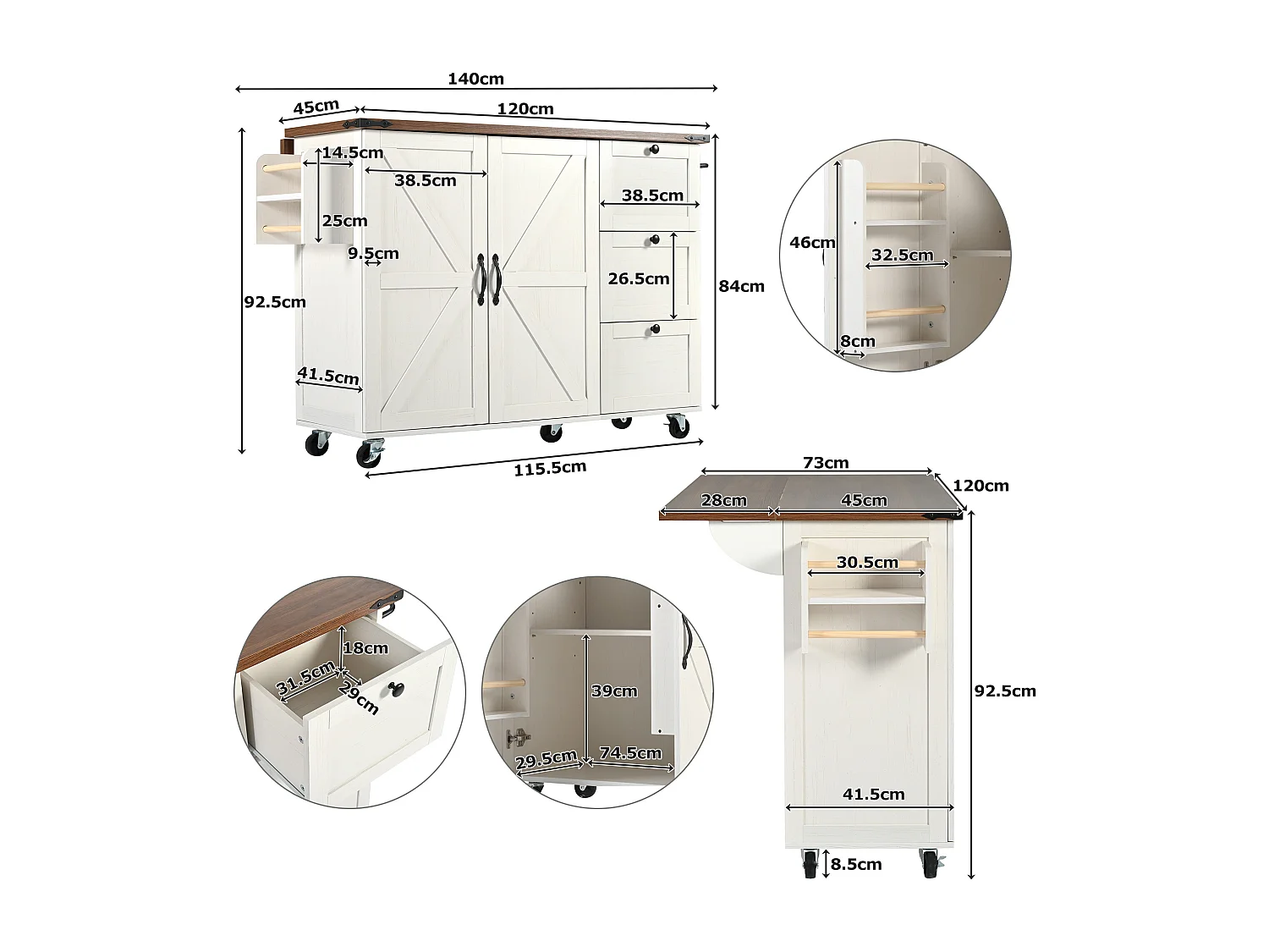 Ilot central de cuisine - avec plateau escamotable - 2 portes et 3 tiroirs - Beige