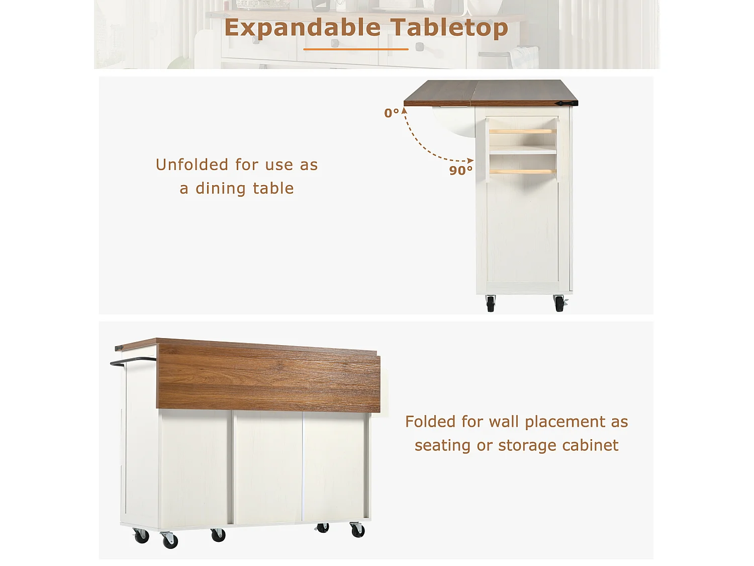 Ilot central de cuisine - avec plateau escamotable - 2 portes et 3 tiroirs - Beige