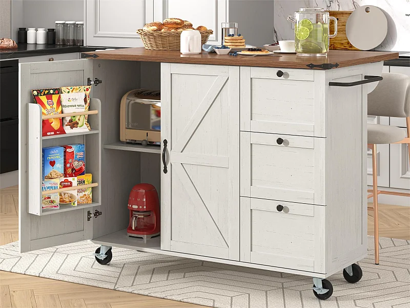 Ilot central de cuisine - avec plateau escamotable - 2 portes et 3 tiroirs - Beige