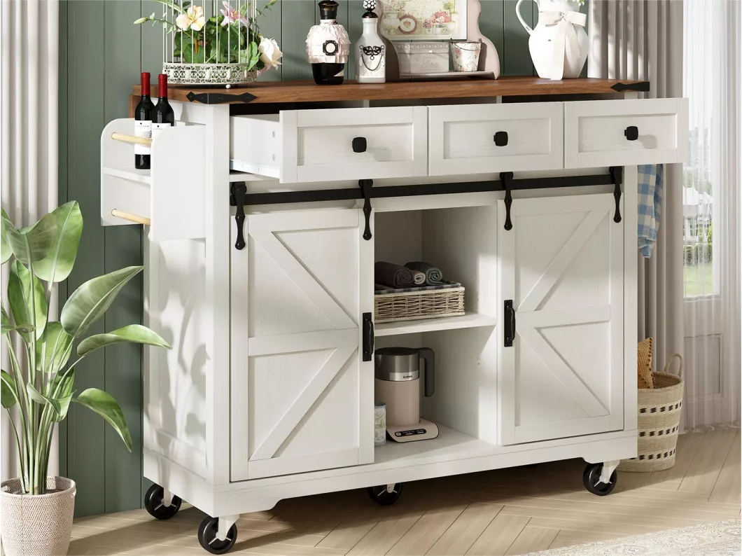 Kauf Unique Sideboard, Barmöbel auf Rollen – mit einziehbarer Platte – 2 Schiebetüren mit Regalen und 3 Schubladen – Beige