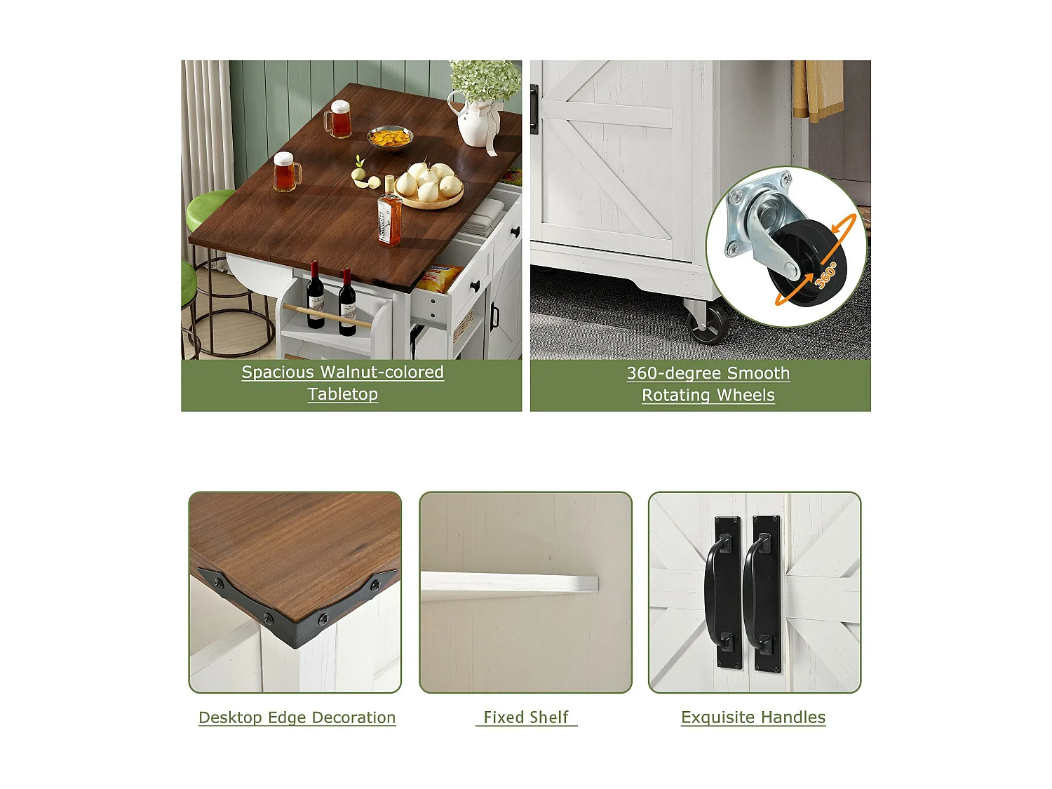 Ilot central de cuisine - avec plateau escamotable - 2 portes coulissantes avec étagères et 3 tiroirs - Beige