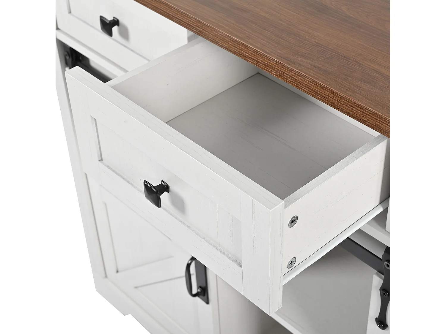 Ilot central de cuisine - avec plateau escamotable - 2 portes coulissantes avec étagères et 3 tiroirs - Beige