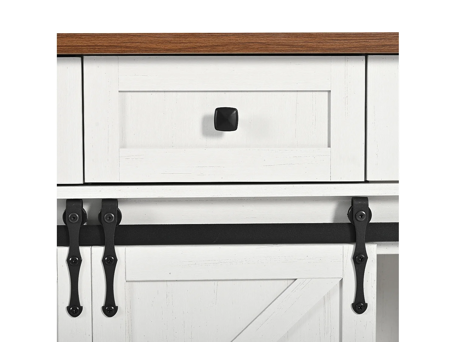 Ilot central de cuisine - avec plateau escamotable - 2 portes coulissantes avec étagères et 3 tiroirs - Beige