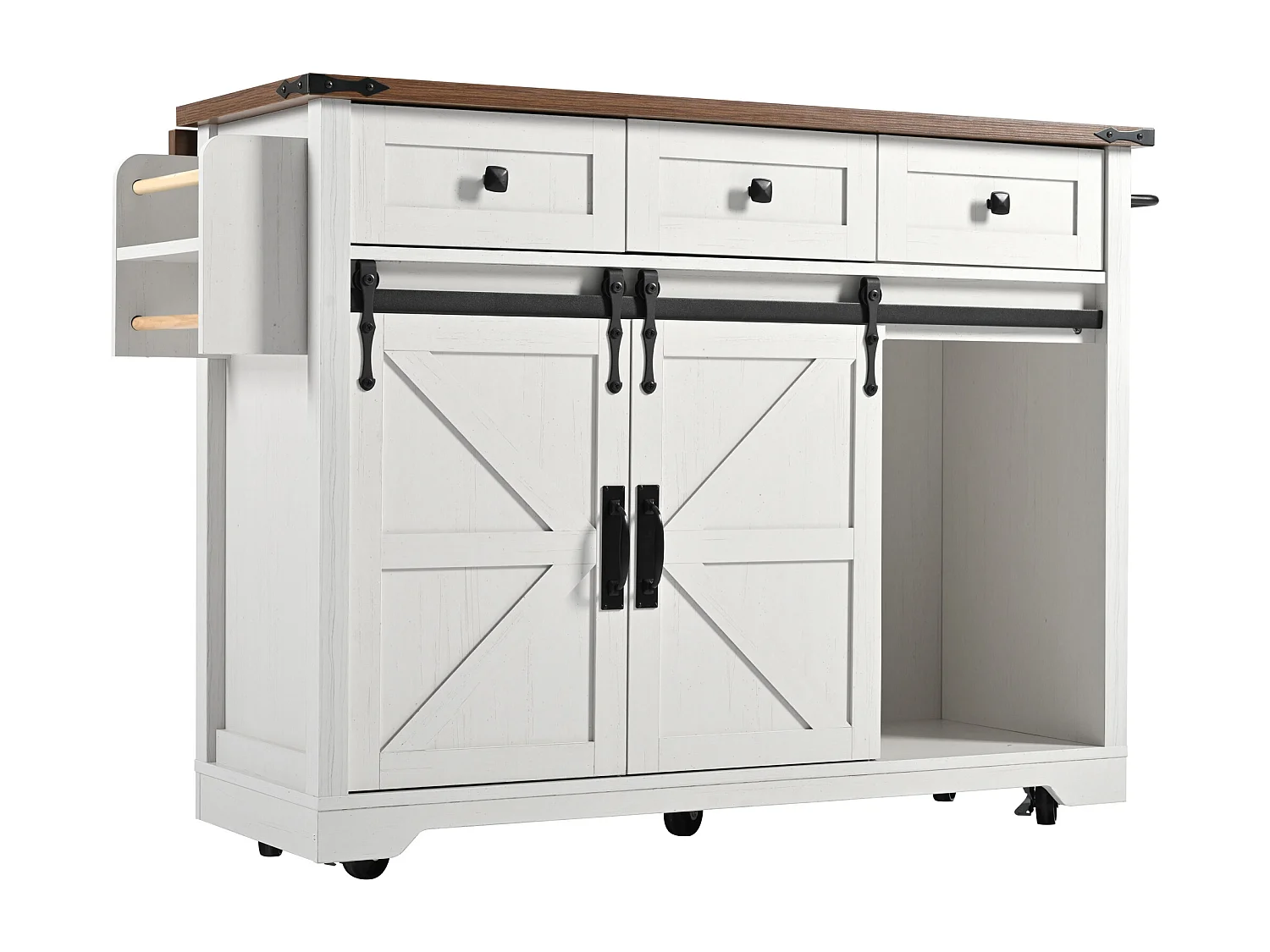 Ilot central de cuisine - avec plateau escamotable - 2 portes coulissantes avec étagères et 3 tiroirs - Beige