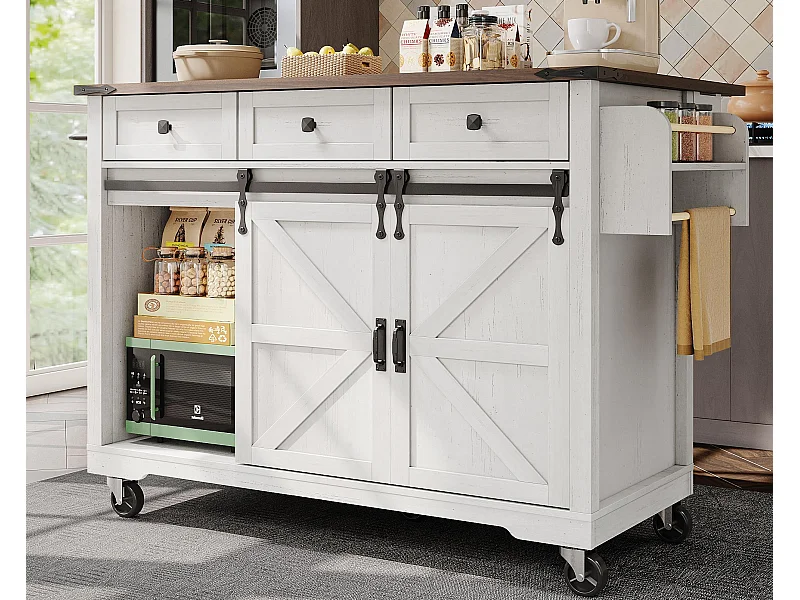 Ilot central de cuisine - avec plateau escamotable - 2 portes coulissantes avec étagères et 3 tiroirs - Beige