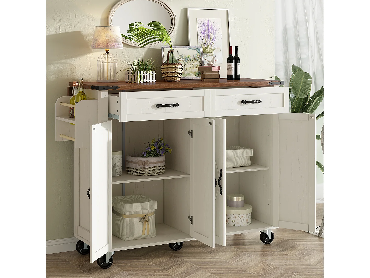 Ilot central de cuisine - avec plateau escamotable - 4 portes et 2 tiroirs - Beige