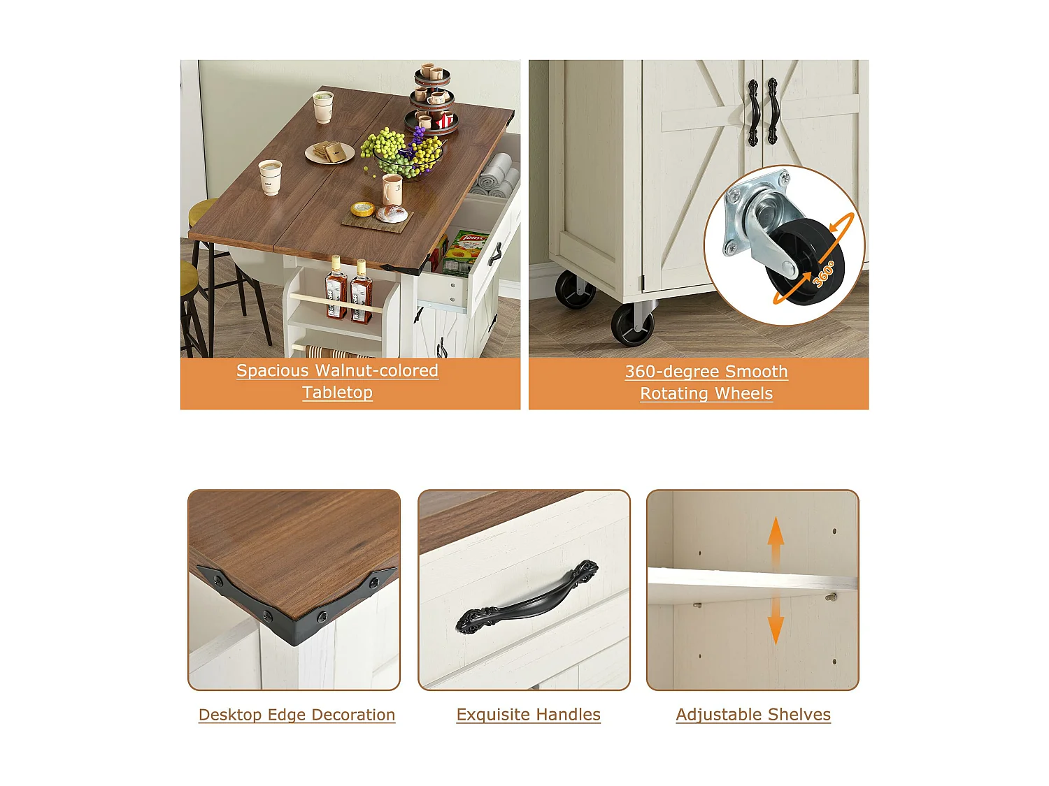 Ilot central de cuisine - avec plateau escamotable - 4 portes et 2 tiroirs - Beige