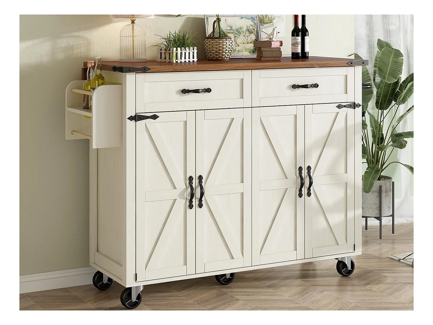 Ilot central de cuisine - avec plateau escamotable - 4 portes et 2 tiroirs - Beige