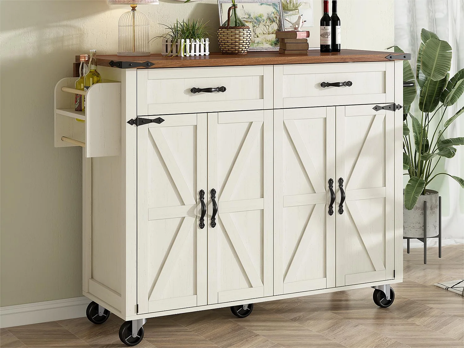 Ilot central de cuisine - avec plateau escamotable - 4 portes et 2 tiroirs - Beige