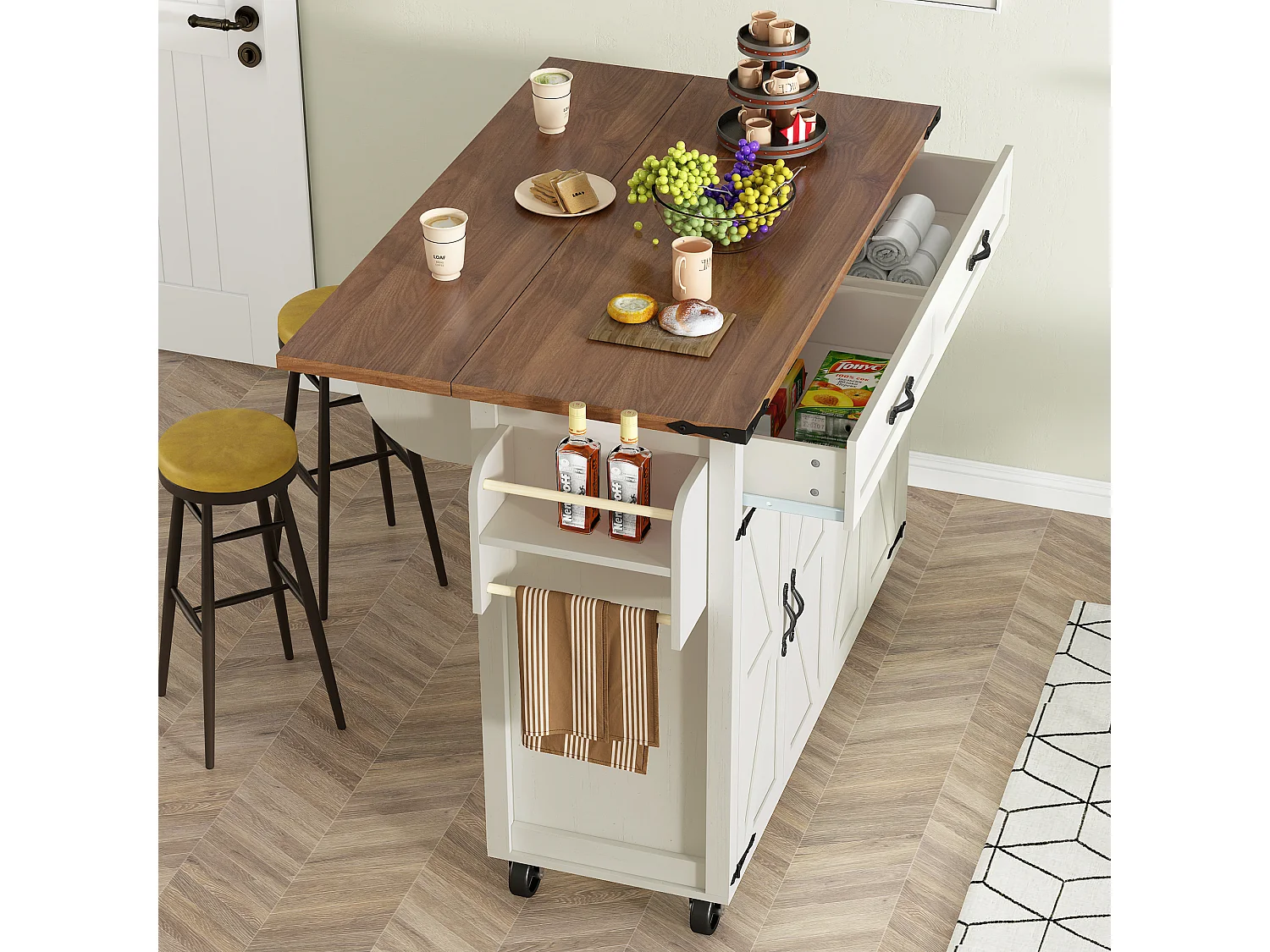 Ilot central de cuisine - avec plateau escamotable - 4 portes et 2 tiroirs - Beige