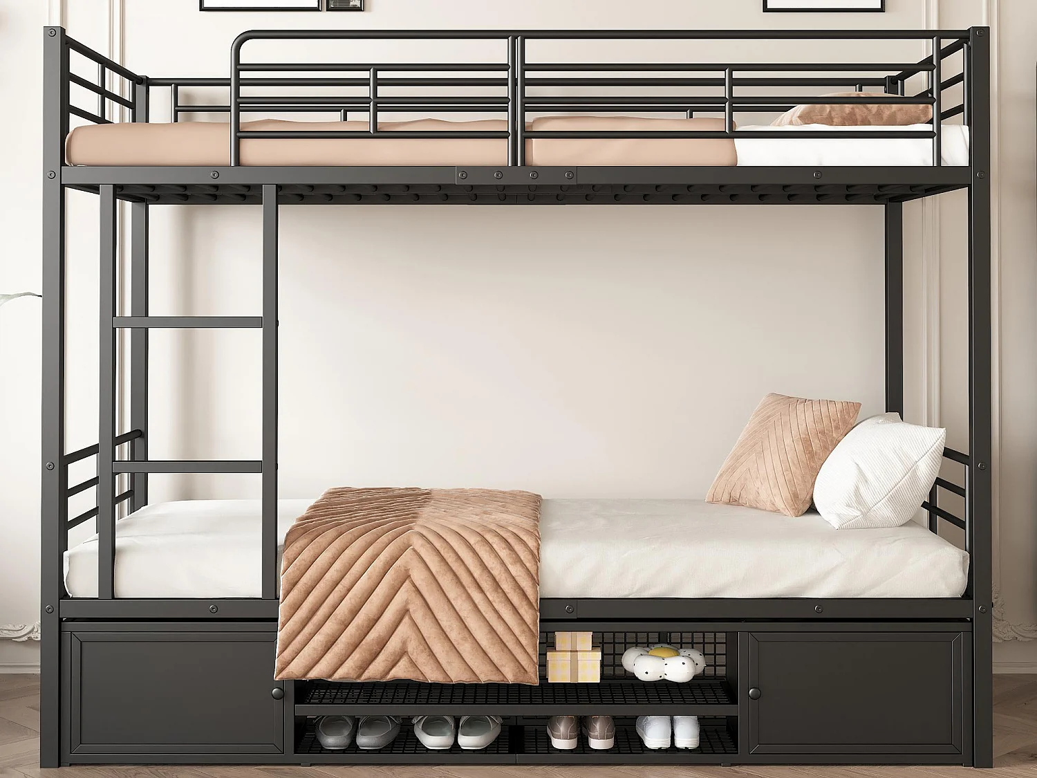 IJzeren stapelbed 90x200cm - met schoenenrek en ladder - Zwart