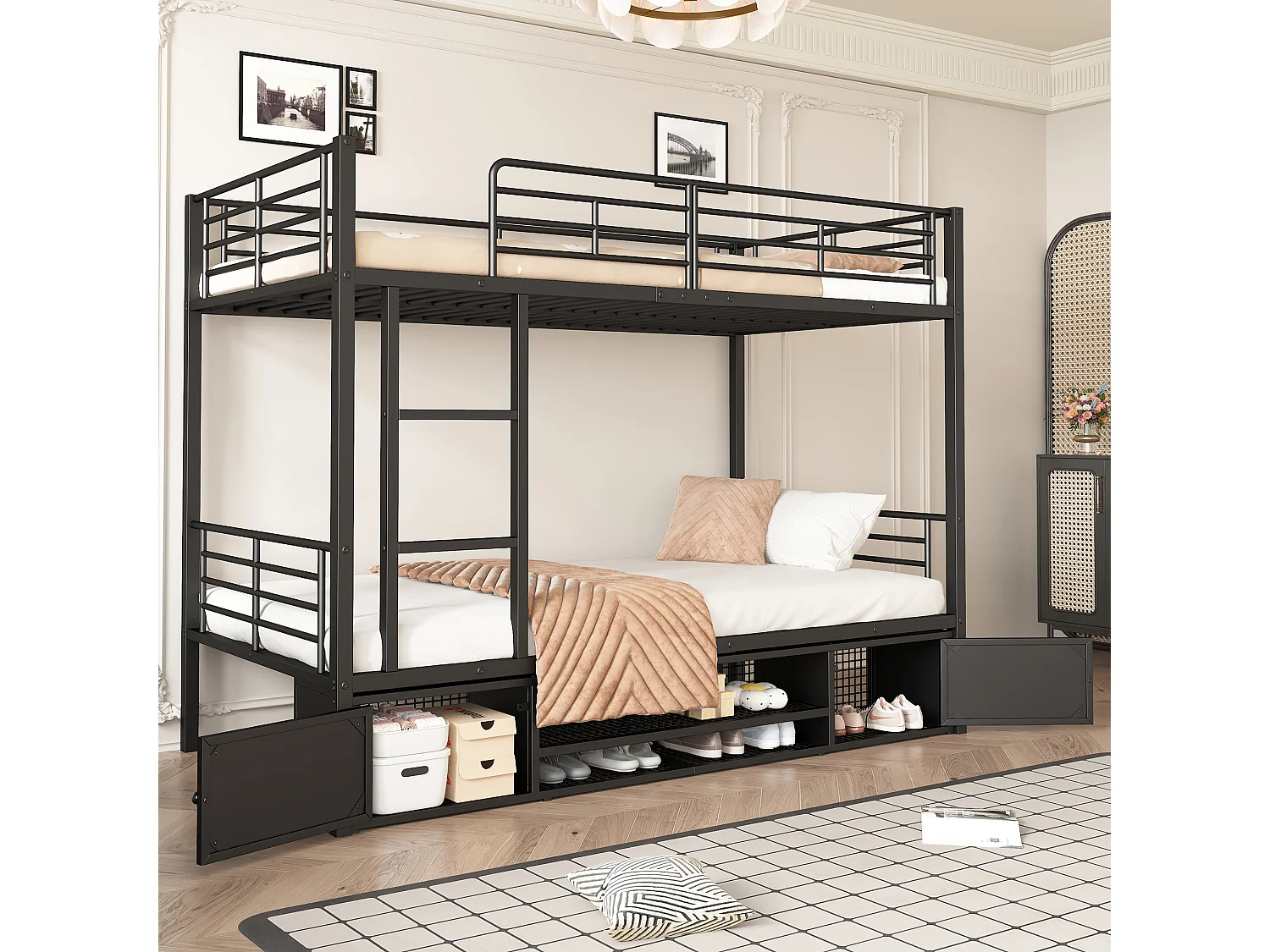 IJzeren stapelbed 90x200cm - met schoenenrek en ladder - Zwart