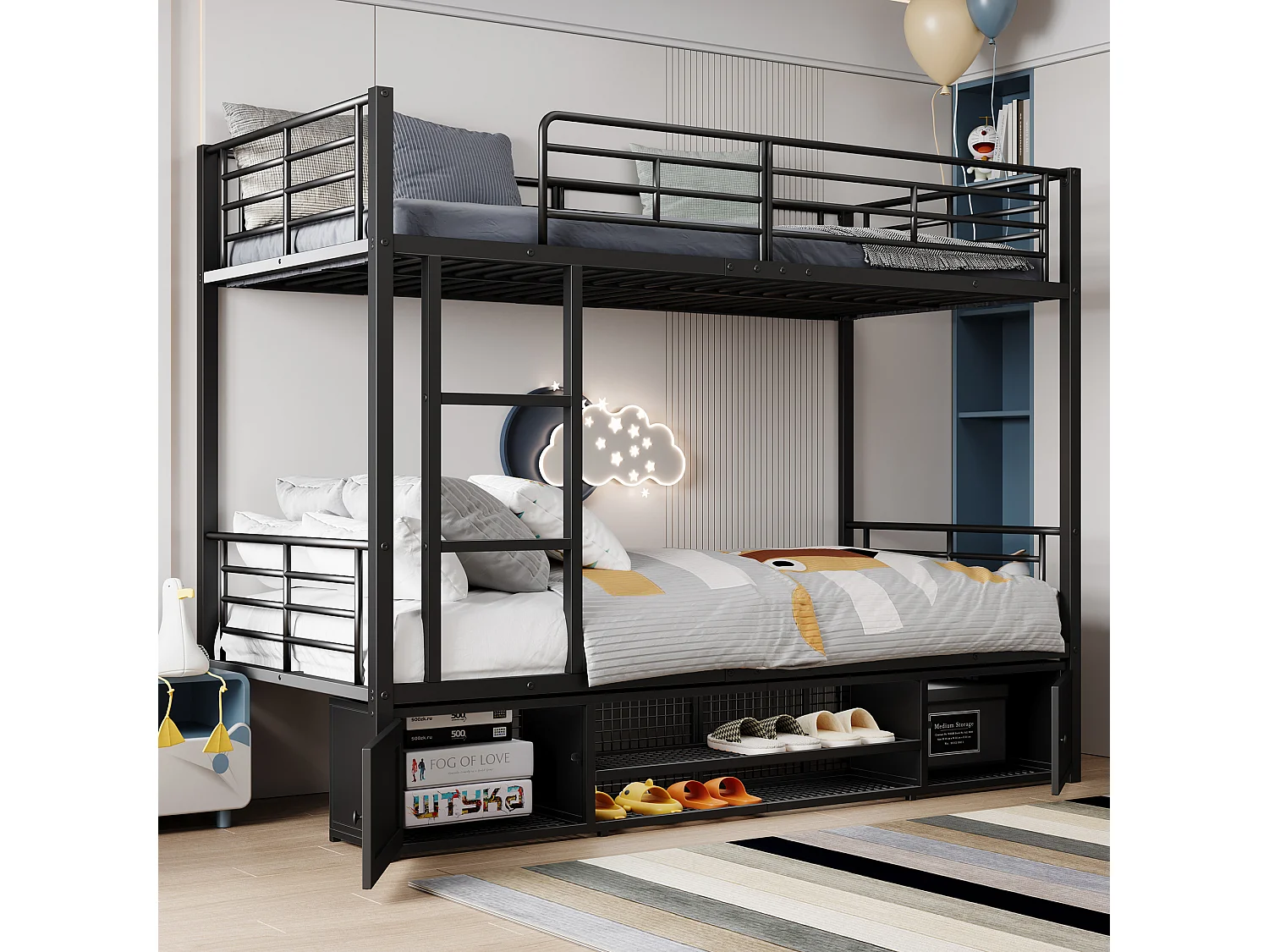 IJzeren stapelbed 90x200cm - met schoenenrek en ladder - Zwart