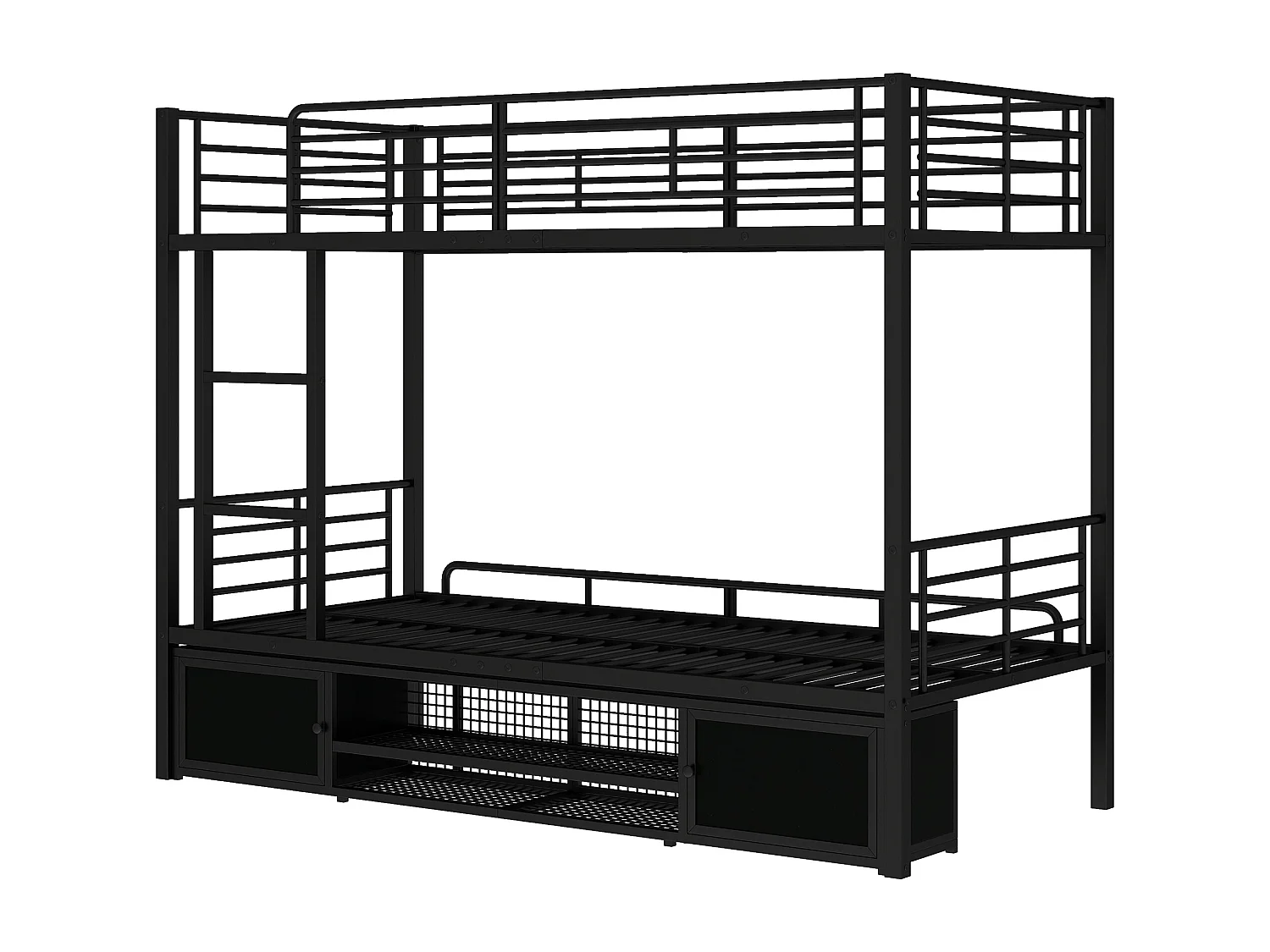 Lit superposé 90x200cm en fer - avec meuble à chaussures et échelle - Noir