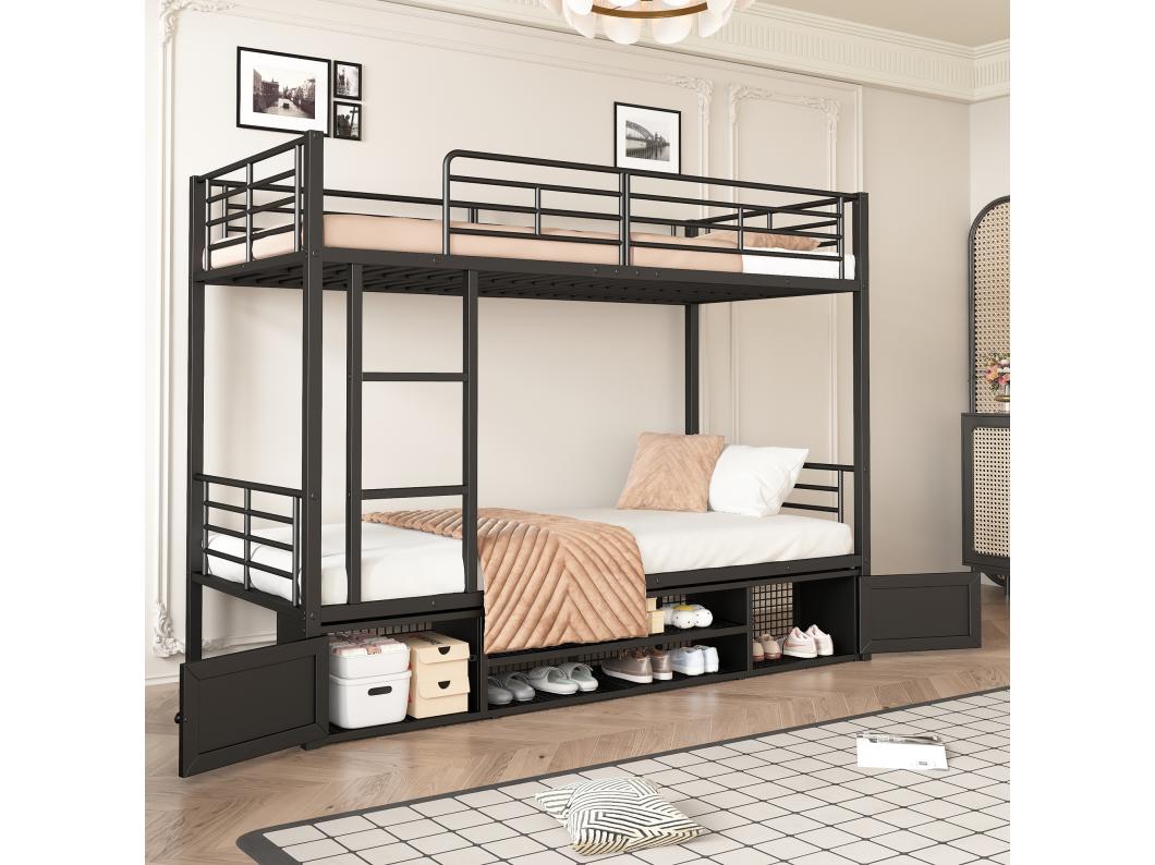 Litera de hierro 90x200cm - con zapatero y escalera - Negro