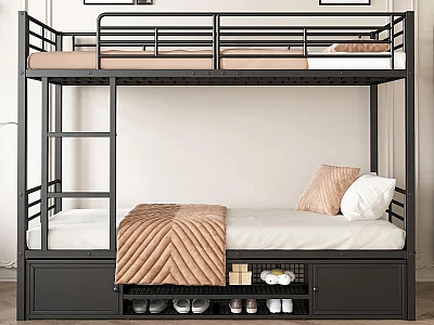 IJzeren stapelbed 90x200cm - met schoenenrek en ladder - Zwart