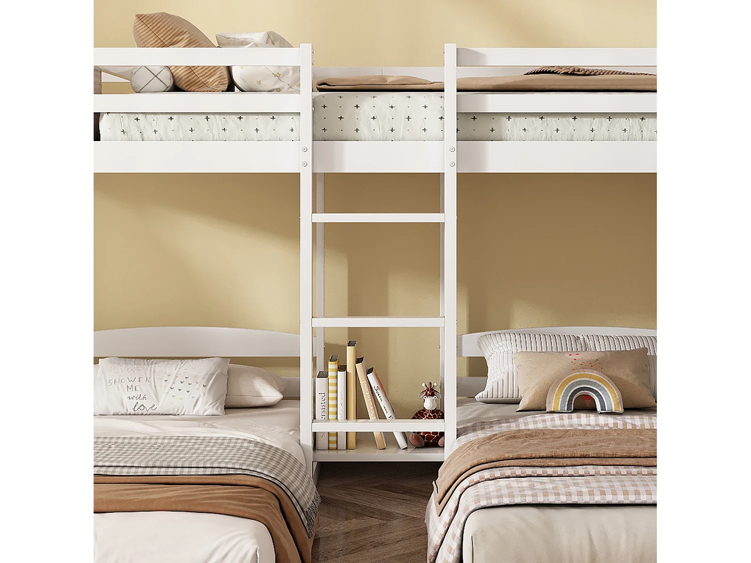 90x200cm Etagenbett für 3 Kinder – Rutsche mit offenen Regalen – aus Kiefernholz und MDF – Weiß