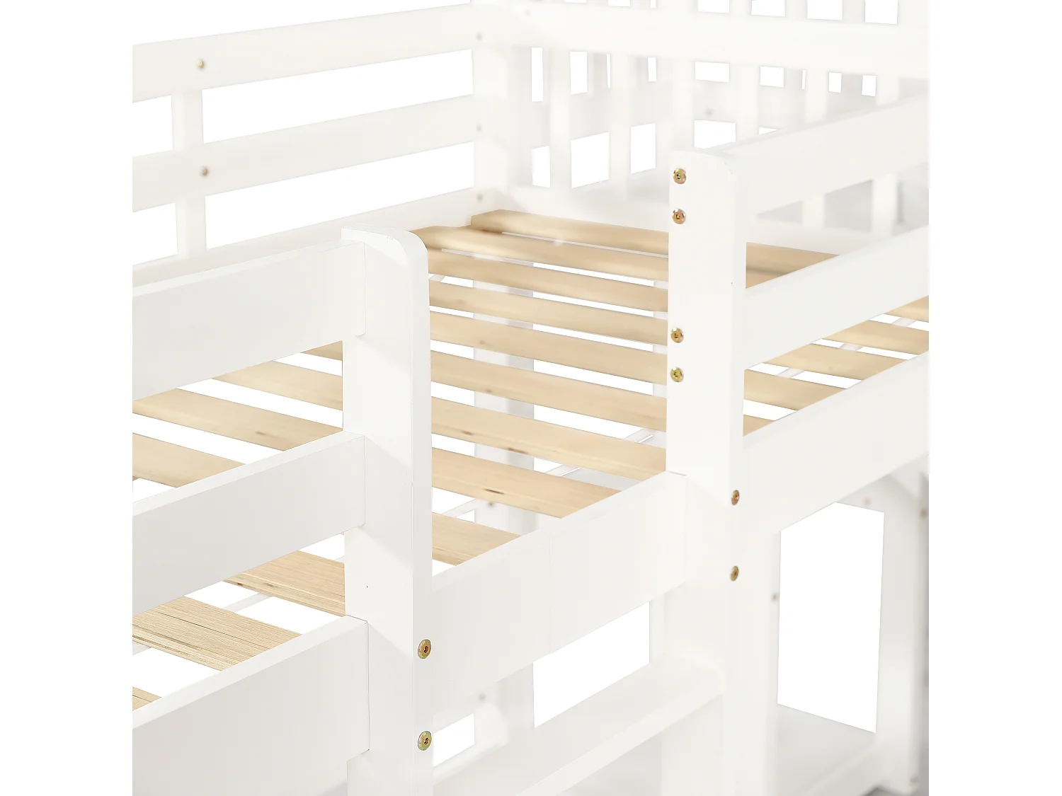 90x200cm Etagenbett für 3 Kinder – Rutsche mit offenen Regalen – aus Kiefernholz und MDF – Weiß