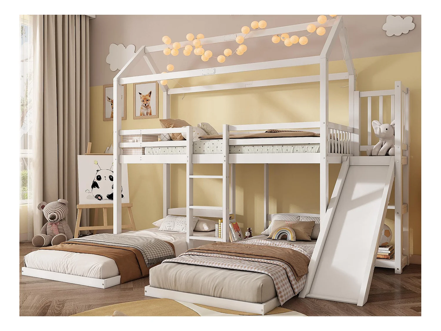 Lit superposé 90x200cm pour 3 enfants - toboggan avec étagères ouvertes - en bois de pin et MDF - Blanc