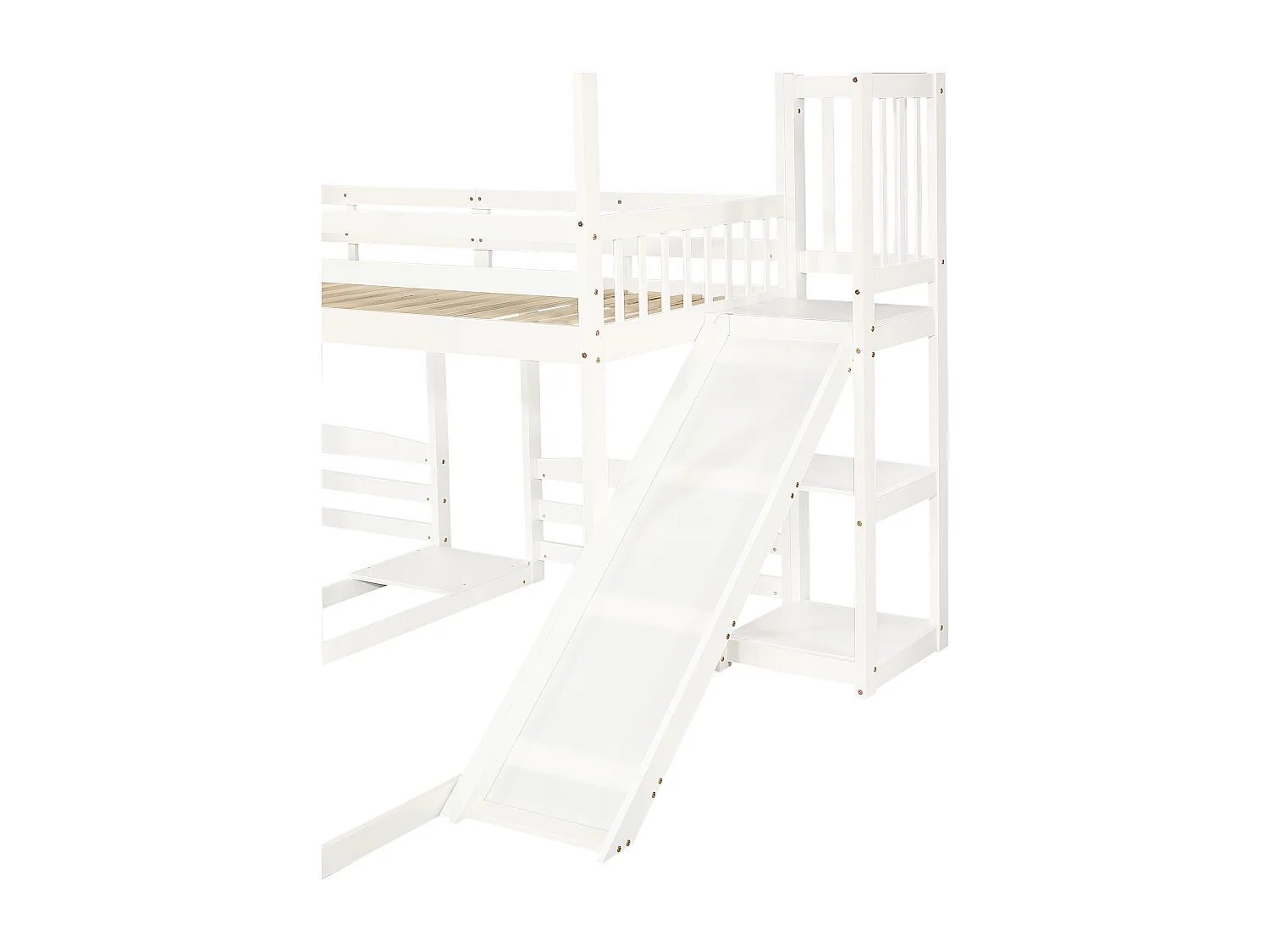 Litera para 3 niños 90x200cm - tobogán con estantes abiertos - en madera de pino y MDF - Blanco