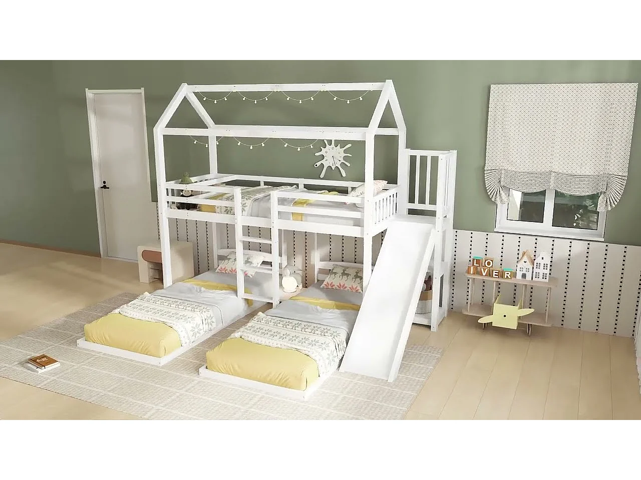 Litera para 3 niños 90x200cm - tobogán con estantes abiertos - en madera de pino y MDF - Blanco