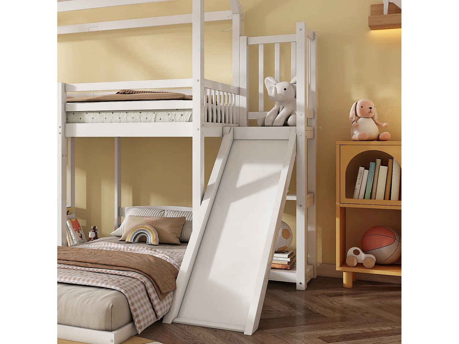 Litera para 3 niños 90x200cm - tobogán con estantes abiertos - en madera de pino y MDF - Blanco