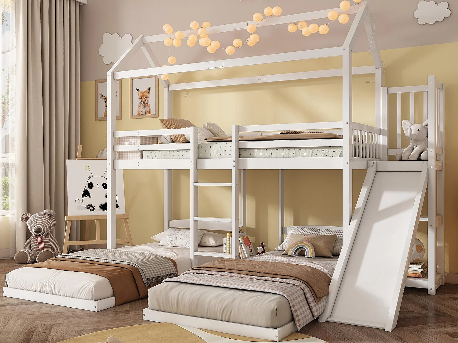 Łóżko piętrowe 90x200cm dla 3 dzieci - zjeżdżalnia z otwartymi półkami - z drewna sosnowego i MDF - Białe