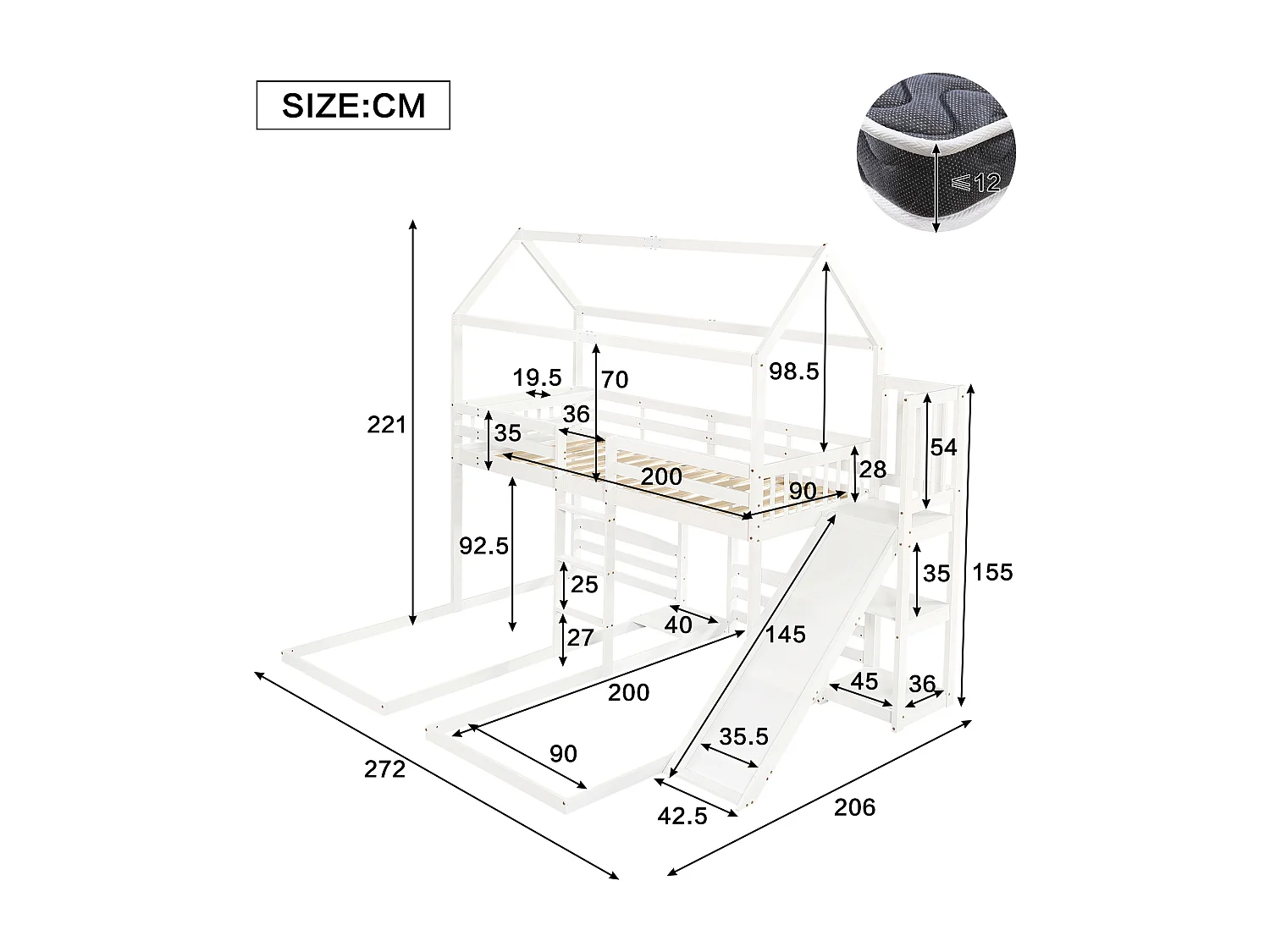 Łóżko piętrowe 90x200cm dla 3 dzieci - zjeżdżalnia z otwartymi półkami - z drewna sosnowego i MDF - Białe