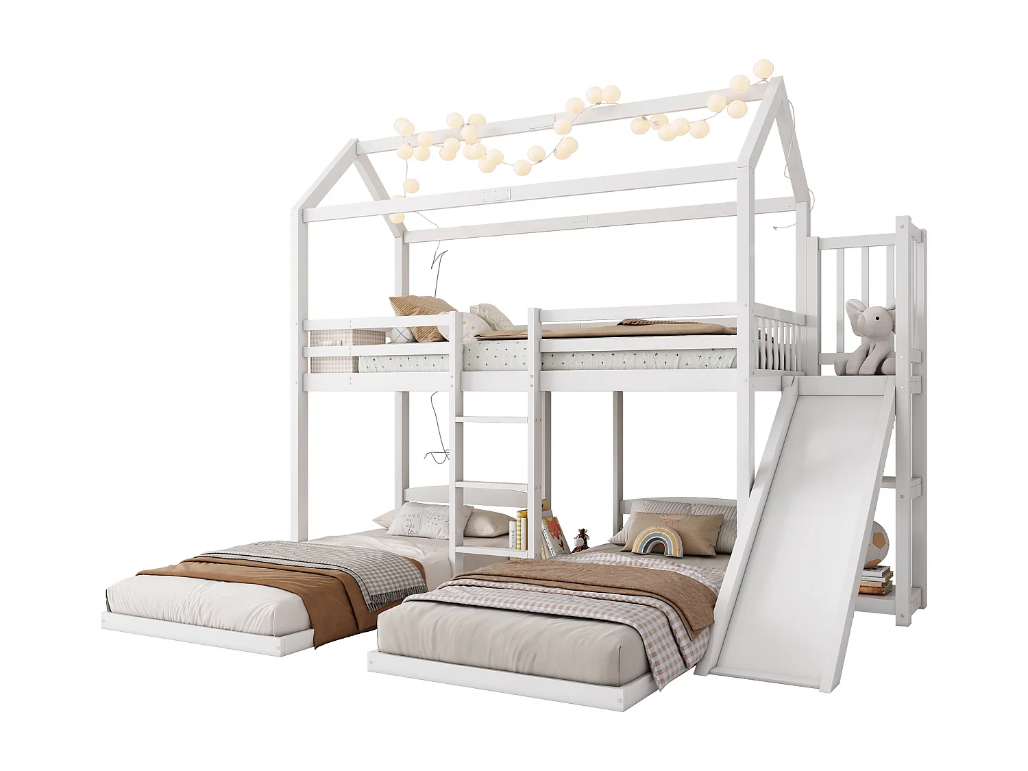 Łóżko piętrowe 90x200cm dla 3 dzieci - zjeżdżalnia z otwartymi półkami - z drewna sosnowego i MDF - Białe