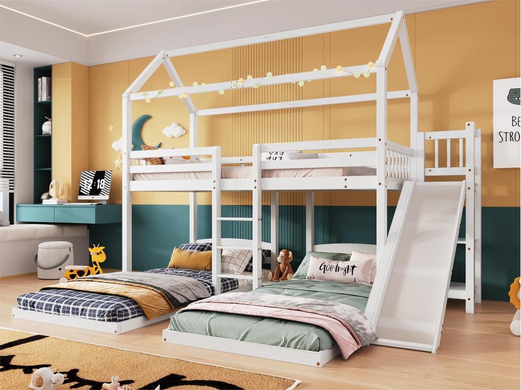 Beliche 90x200cm para 3 crianças - escorrega com prateleiras abertas - em madeira pinho e MDF - Branco