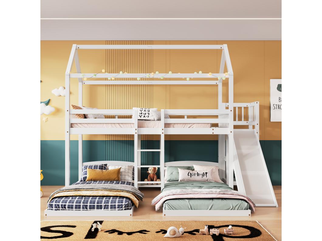 Letto a castello 90x200 cm per 3 bambini - scivolo con ripiani aperti - in legno di pino e MDF - Bianco