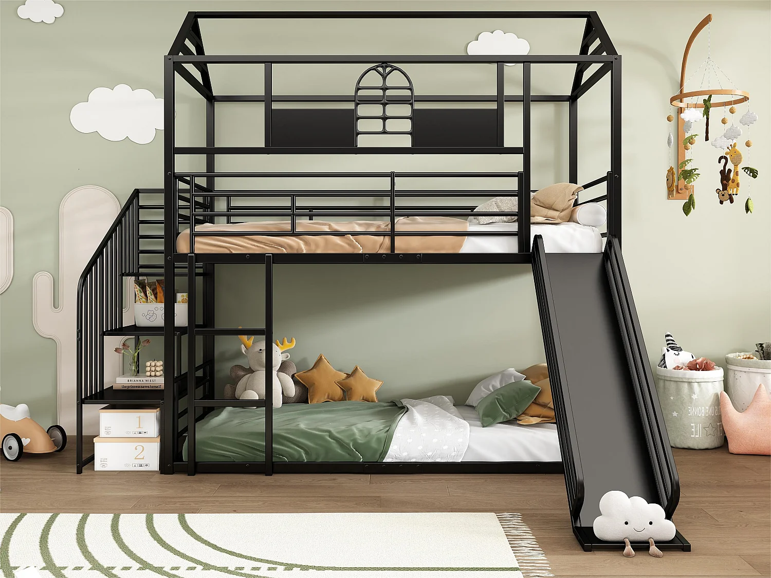 Łóżko piętrowe 90x200cm z metalu - z zjeżdżalnią i barierkami bezpieczeństwa - Czarne