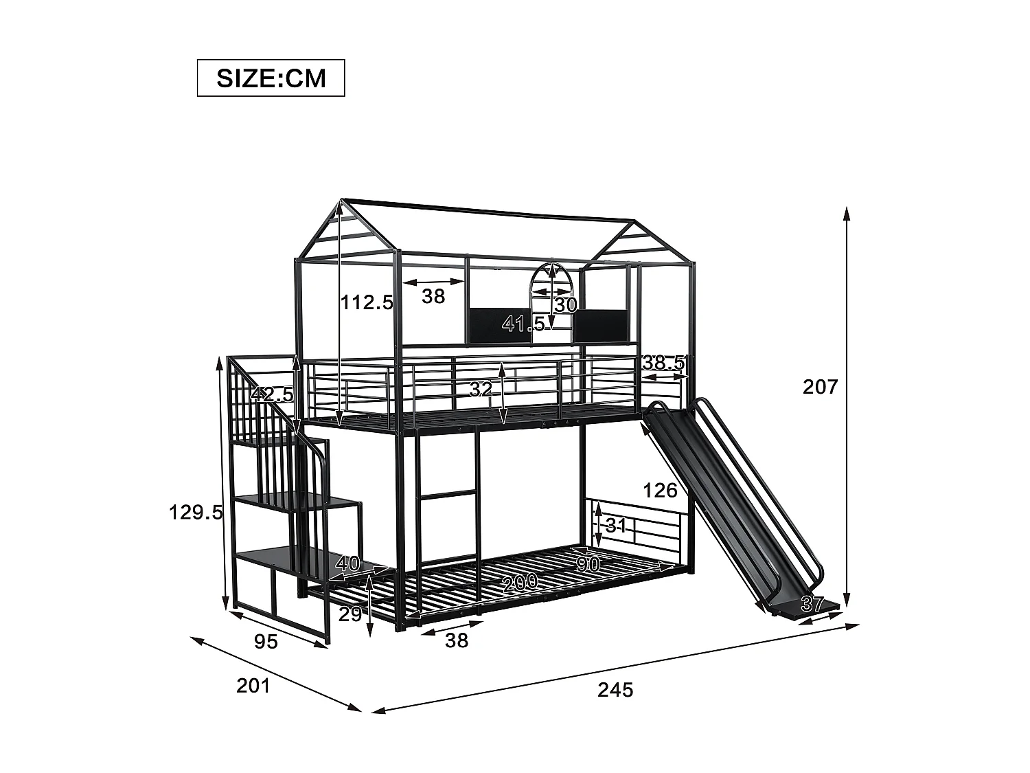 Łóżko piętrowe 90x200cm z metalu - z zjeżdżalnią i barierkami bezpieczeństwa - Czarne