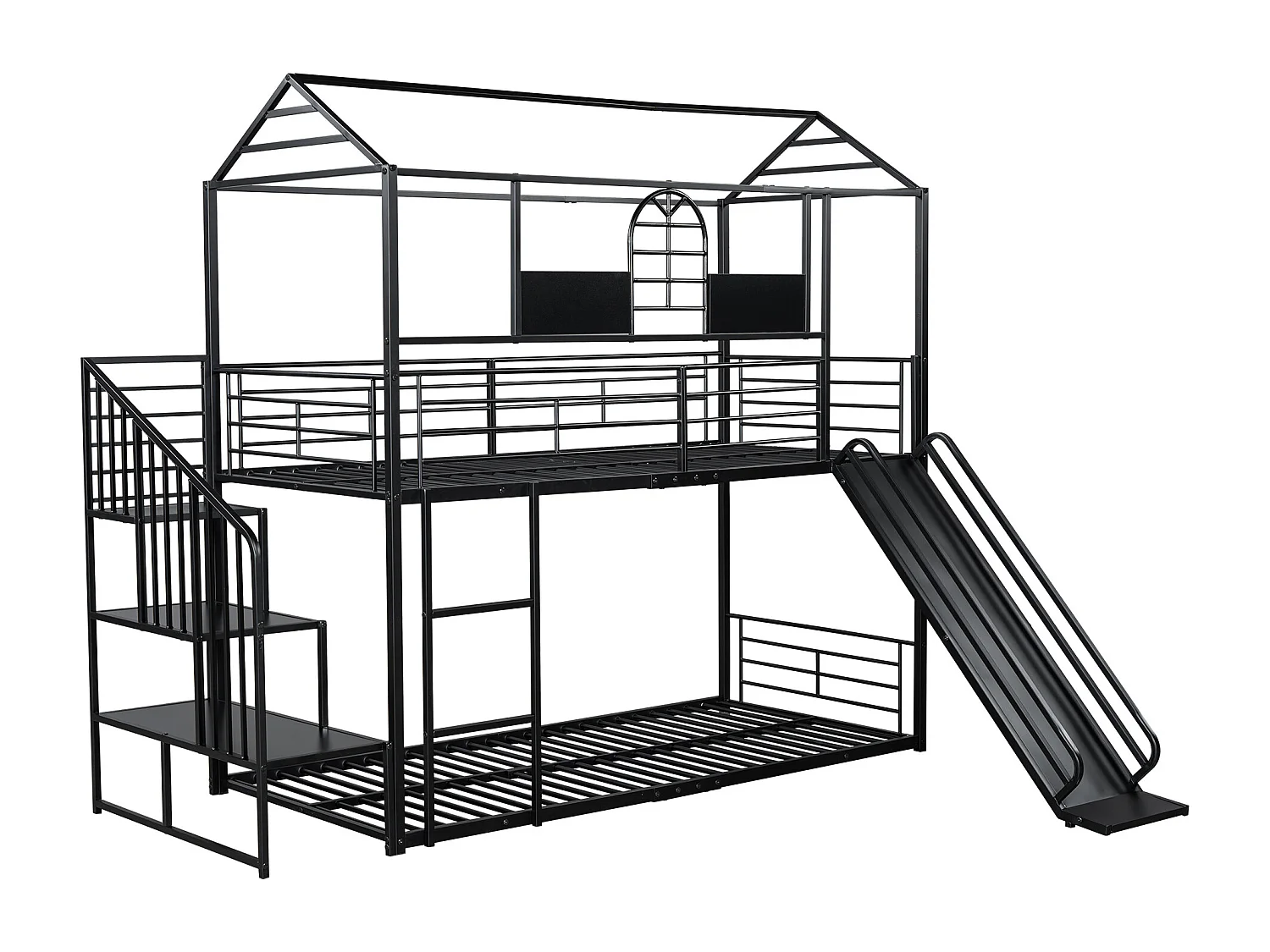 Łóżko piętrowe 90x200cm z metalu - z zjeżdżalnią i barierkami bezpieczeństwa - Czarne
